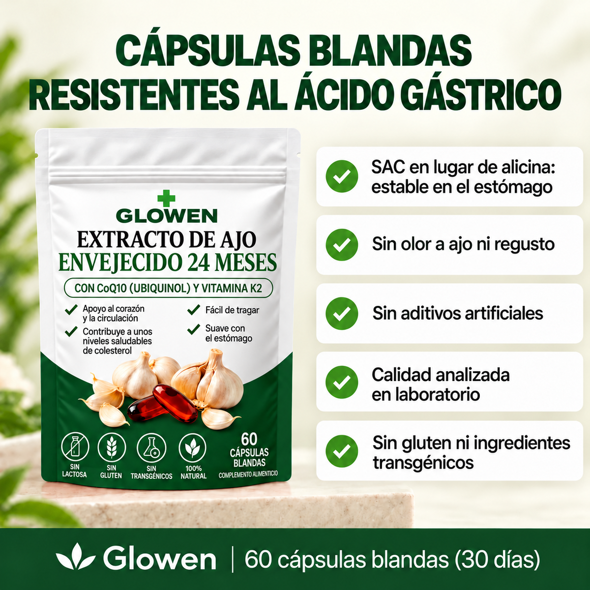 Glowen Knovita – Extracto de ajo envejecido 24 meses con CoQ10 y vitamina K2