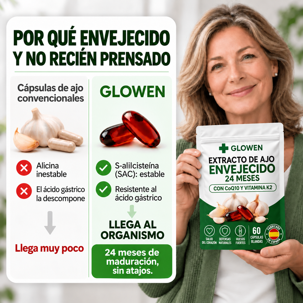 Glowen Knovita – Extracto de ajo envejecido 24 meses con CoQ10 y vitamina K2