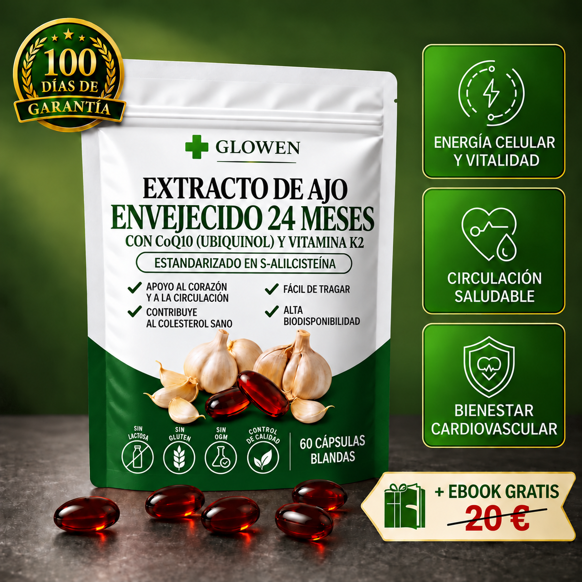 Glowen Knovita – Extracto de ajo envejecido 24 meses con CoQ10 y vitamina K2