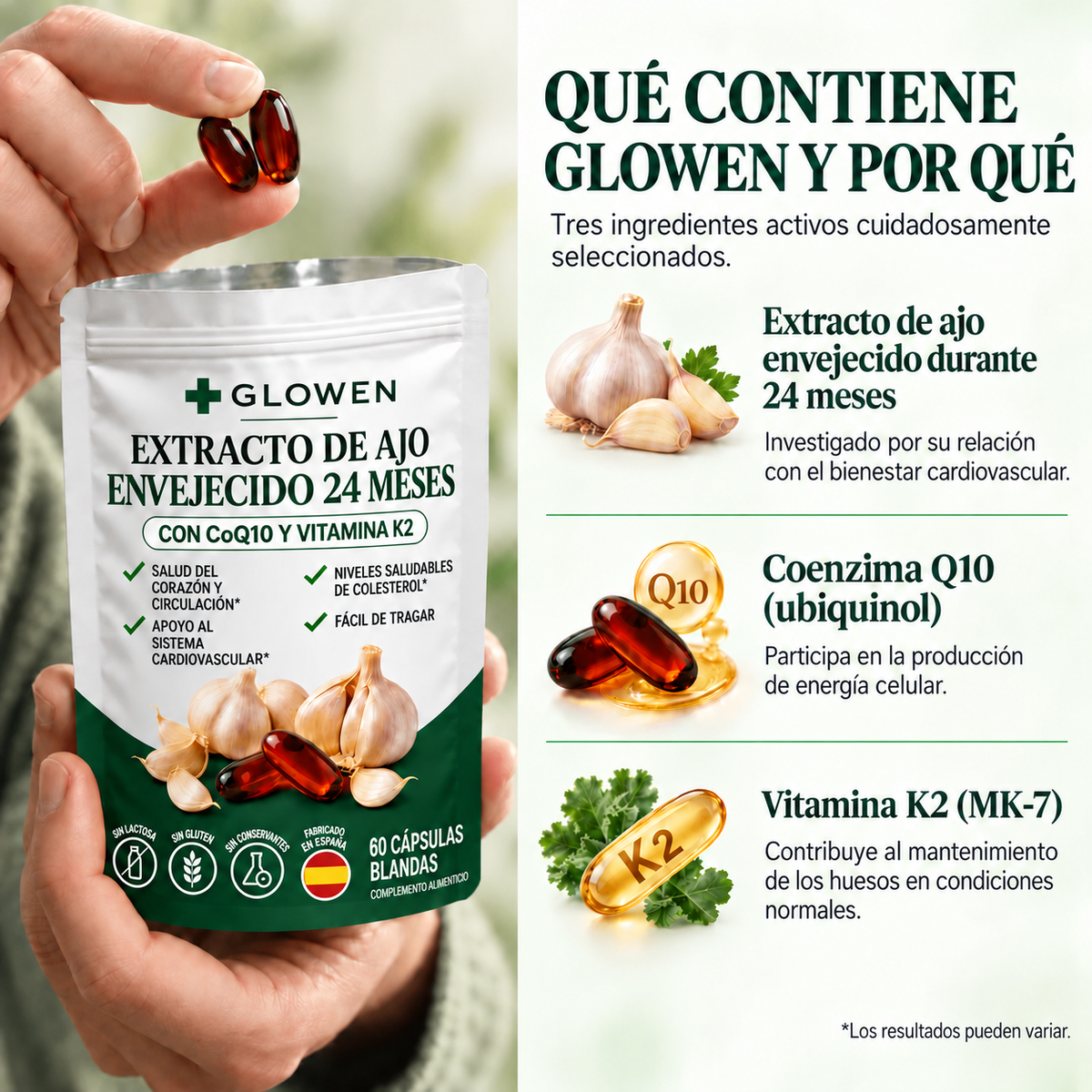 Glowen Knovita – Extracto de ajo envejecido 24 meses con CoQ10 y vitamina K2